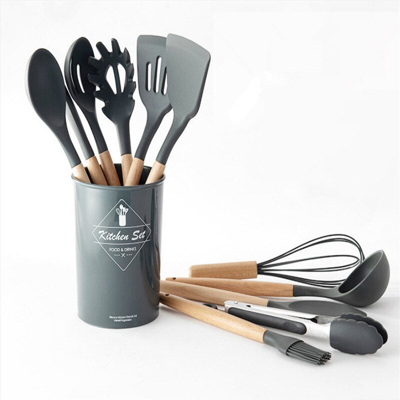 [OFERTA 🔥] Kit C/12 Utensílios De Cozinha Silicone Cabo Madeira