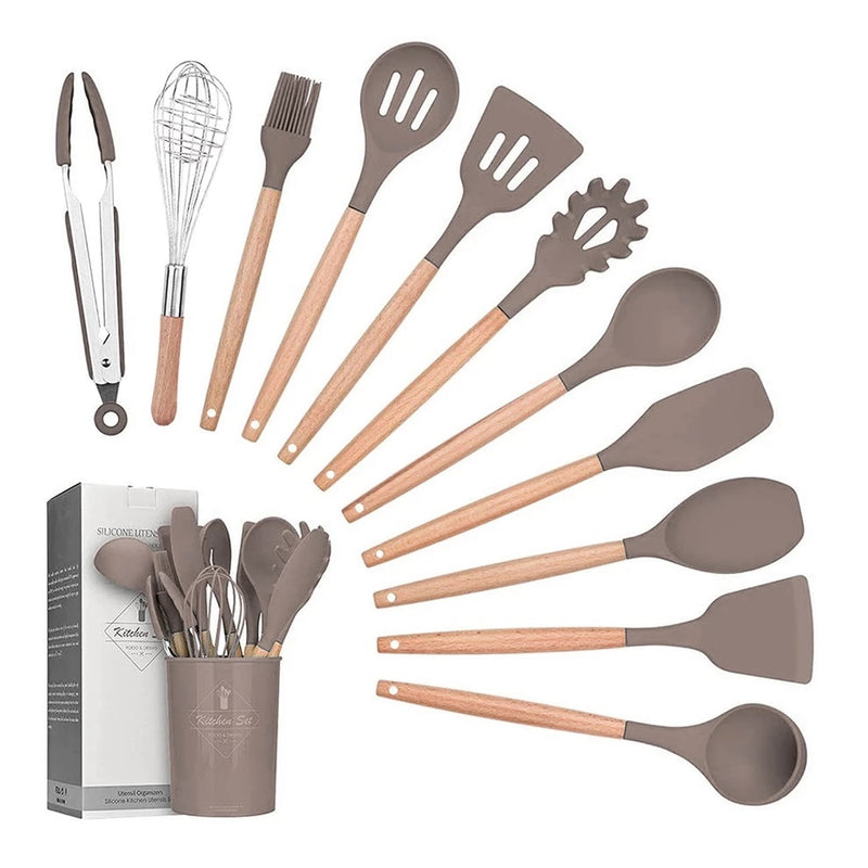 [OFERTA 🔥] Kit C/12 Utensílios De Cozinha Silicone Cabo Madeira