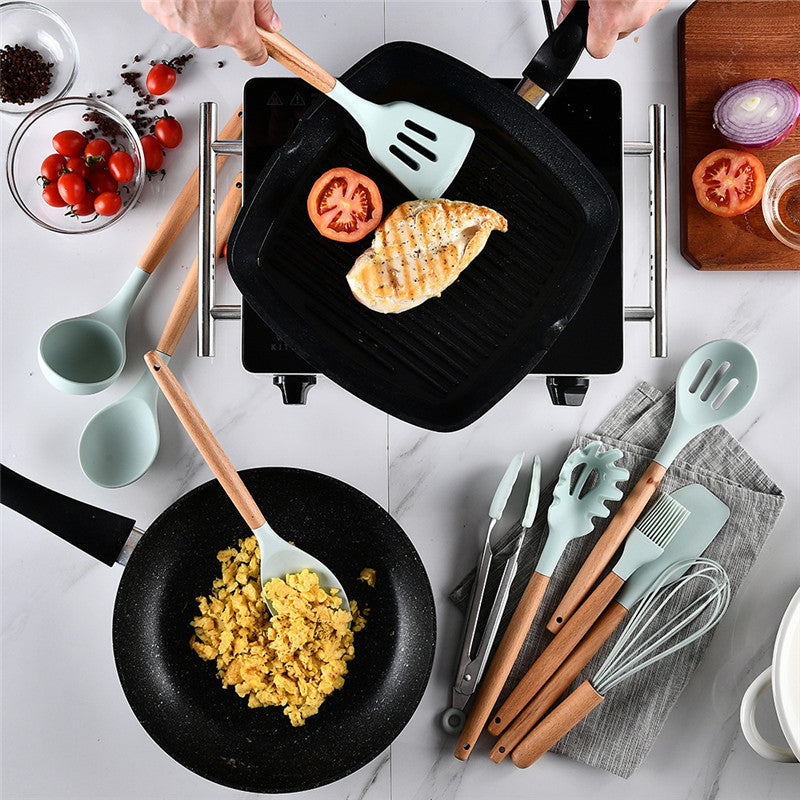 [OFERTA 🔥] Kit C/12 Utensílios De Cozinha Silicone Cabo Madeira