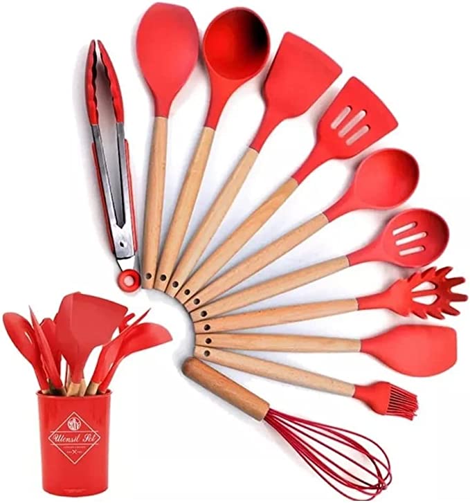 [OFERTA 🔥] Kit C/12 Utensílios De Cozinha Silicone Cabo Madeira